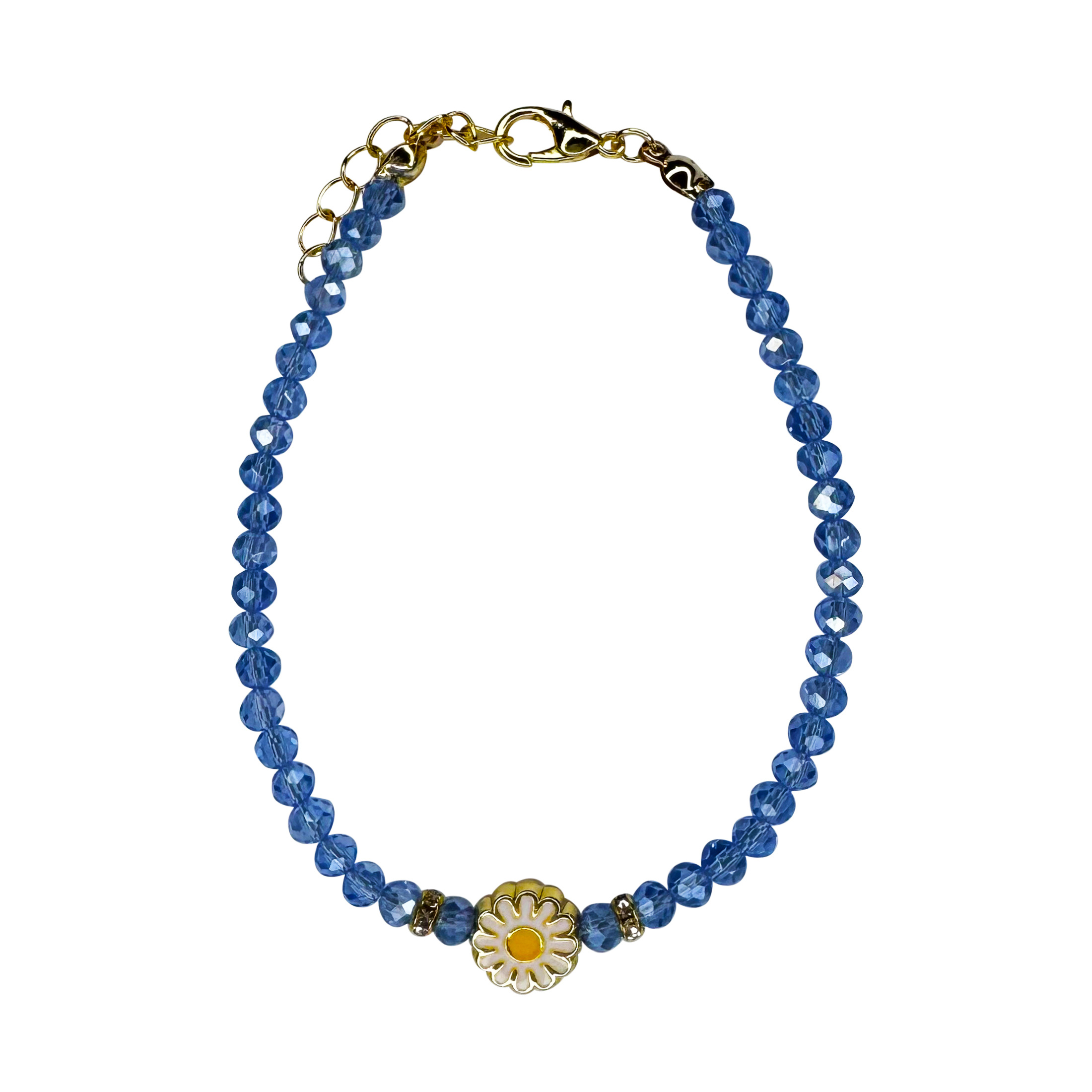 Women's Blue Crystal Bead Bracelet with Daisy Charm